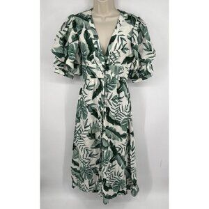 Johanna Ortiz x H&M Linen Blend Midi in Green Palm Leaf Dress Size XS Boho